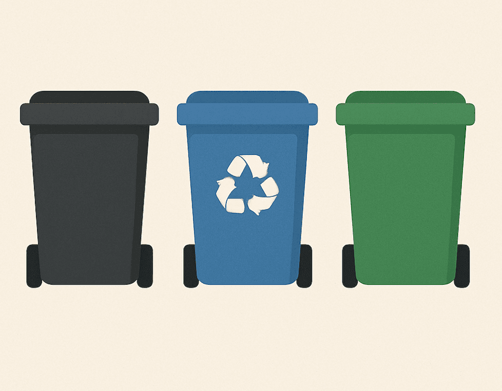 Three colorful bins - black, blue recycling, and green